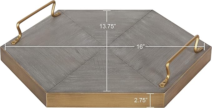 Kate and Laurel Sade Decorative Hexagon Tray with Handles, 16", Concrete Gray and Gold, Modern Tray for Ottoman, Centerpieces, Or Bathroom and Bedroom Decor