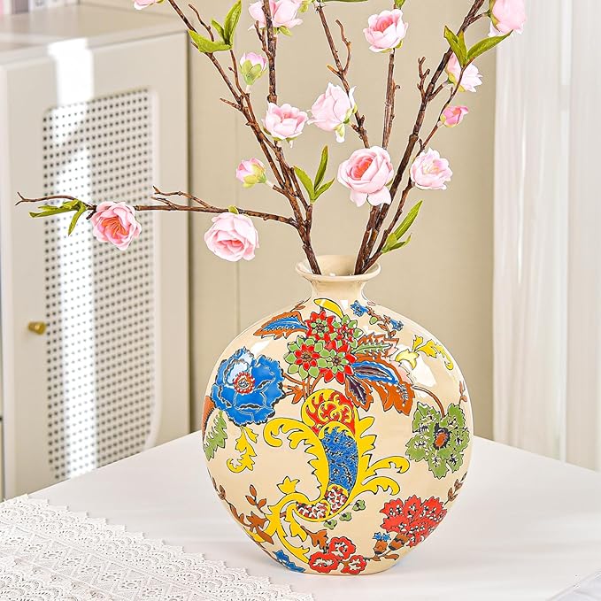 Sungmor High-Class Enamel Painted Porcelain Vase, Traditional Hand-Carved Overglaze Color Ceramic Vase for Fresh Flowers Dried Plants Arrangement, Decorative Vase for Centerpieces, Shelf, Living Room