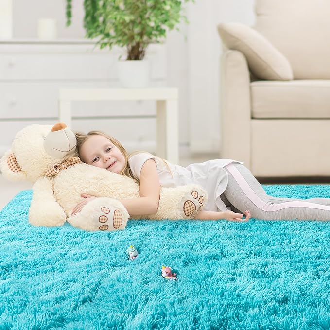 3x5 Area Rug for Bedroom, Soft Rugs for Living Room Nursery Kids Room Dorm Home Decor Aesthetic, Fluffy Shaggy Rug with 4 Anti-Slip Carpet Tapes, Teal Blue