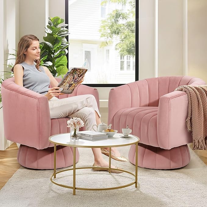 Kromax Swivel Accent Chair, Mid Century 360 Degree Barrel Chair with Armrest, Overstuffed Tufted Velvet, Ideal for Living Room, Bedroom, Reading Room, Light Pink