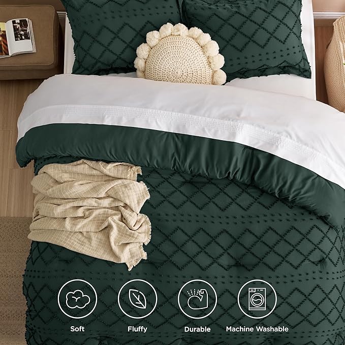Bedsure King Comforter Set - Forest Green Comforter, Boho Tufted Shabby Chic Bedding for Kids, 3 Pieces Vintage Farmhouse Bed Set for All Seasons, Fluffy Soft Bedding with 2 Pillow Shams
