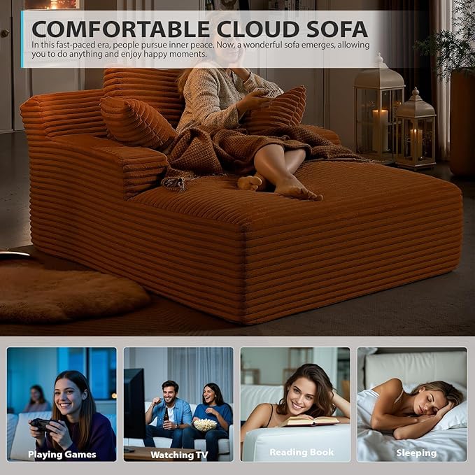 Oversized Chaise Lounge, Corduroy Sofa Bed Chair Indoor with Throw Pillows, Cozy Cloud Couch, Upholstered Sleeper Sofa Couch for Living Room, Bedroom, Apartment, Light Gray