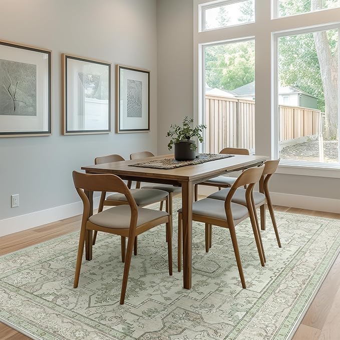 GENIMO 10x14 Area Rugs for Living Room, Machine Washable Non Slip Vintage Rugs, Low Pile Lightweight Chenille Print Rug for Bedroom, Dining Room, Home Office, Oat Light