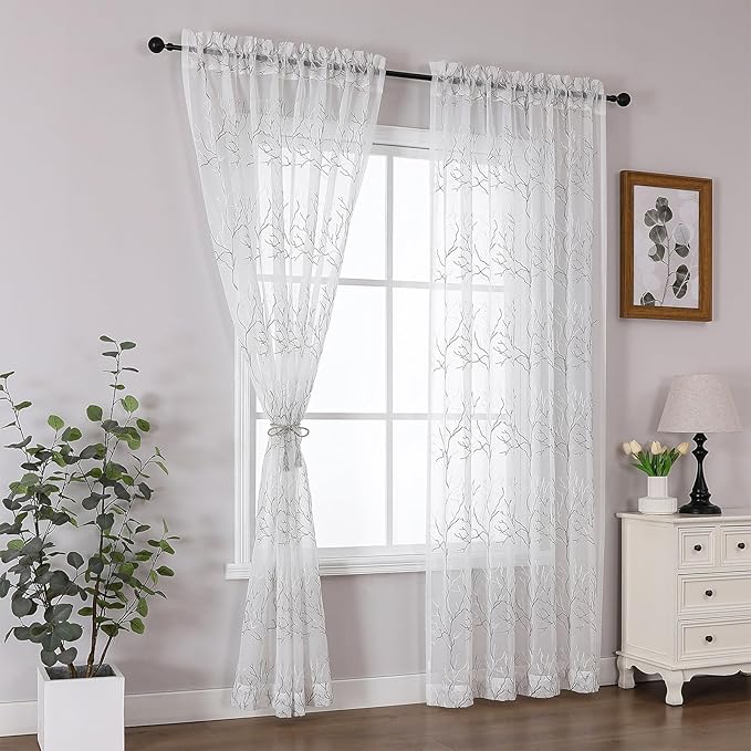 VISIONTEX Sheer Curtains 72 inch Length 2 Panels Set, Decorative Grey Coral Embroidery, Rod Pocket Embroidered Window Drapes for Living Room and Bedroom, 54" x 72"