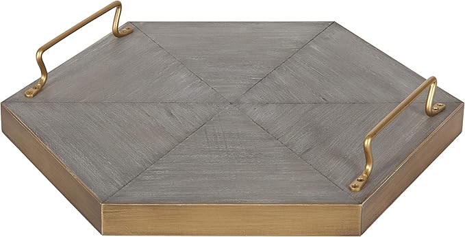 Kate and Laurel Sade Decorative Hexagon Tray with Handles, 16", Concrete Gray and Gold, Modern Tray for Ottoman, Centerpieces, Or Bathroom and Bedroom Decor