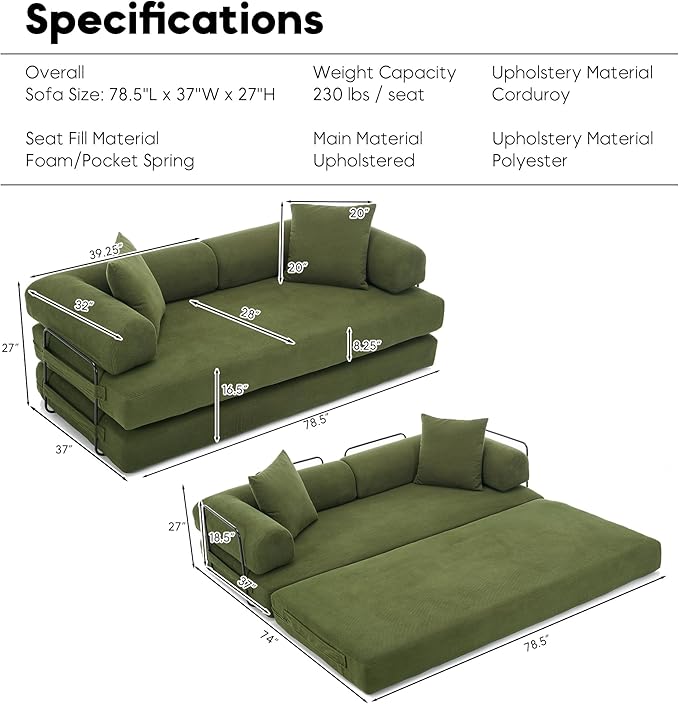 Convertible Sleeper Sofa Bed with Cylindrical Pillow, Corduroy Folding Mattress Couch with Fixed-Shape Frame, Floor Sofa Lounge Couch for Living Room Bedroom Lounge Studio-Green