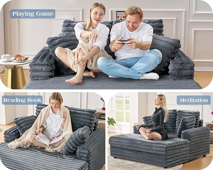 VanAcc 53 Inch Chaise Lounge Indoor, Plush Sleeper Chair with Throw Pillows, Upholstered Sofa Bed with Armrests, Plush Chair Bed for Living Room(Grey)