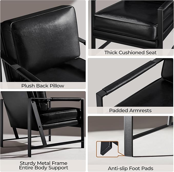 Yaheetech PU Leather Armchair, Retro Leisure Accent Chair with Extra Soft Padded and Cushion, Modern Reading Arm Chair with Black Metal Frame for Living Room/Office/Bedroom/Study Black
