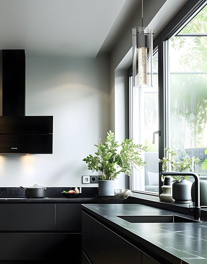 Alice 1-Light Pendant Ceiling Light Fixture, Integrated Led and Premium Bubble Glass, for Kitchen Island, Hallway, Entryway, Passway, Dining Room, Bedroom, Balcony Living Room (Black)