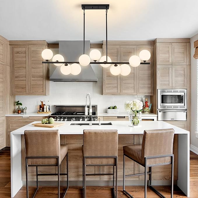 Linear Chandeliers for Dining Room,11 Light Modern Chandelier Black Sputnik Chandelier with Milk White Glass Globe Large Dining Room Light Fixture Over Table, Kitchen Island