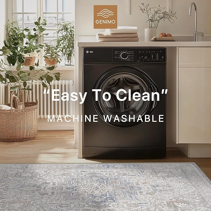 GENIMO 9x12 Area Rugs for Living Room, Machine Washable Non Slip Vintage Retro Rugs, Low Pile Lightweight Thin Print Rug for Bedroom, Dining Room, Home Office, Khaki Blue