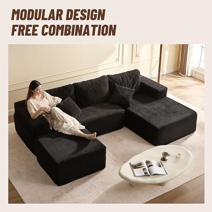 107" Boneless Couch with Deep Seat, Modular Sectional Sofa, Cloud Sectional Couch for Living Room, No Assembly Required, Corduroy, U-Shape 3 Seater Right, Black