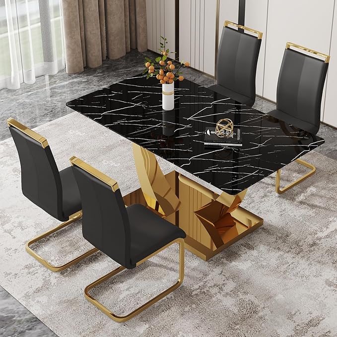 63” Dining Table Set for 4,Modern Gold Dining Room Table Set for 4, Faux Marble Kitchen Table Set with PU Leather Chairs,Black Dinner Table Set with Tempered Glass Top and Gold Base