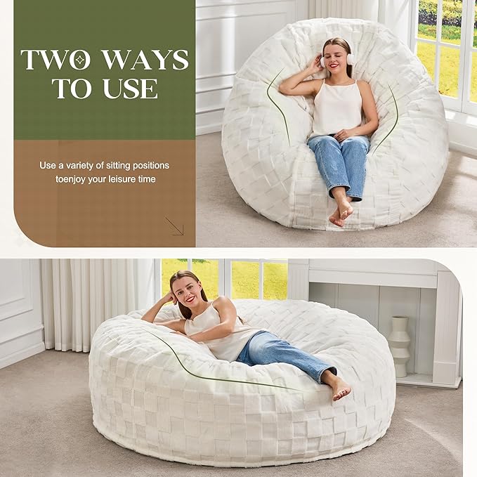 Hobestluk Bean Bag Chairs Beanbag Chair with Filler Adult Bean Bags with Fluffy Cover, Giant Bean Bag Chairs for Adults for Living Room, Bedroom (White, 6FT - 70" x 70" x 15")