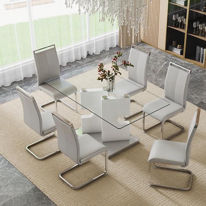 Glass Dining Table Set of 6, 63'' Dinner Room Glass Table Set for 6, Modern Kitchen Dinner Table Set with 6 Upholstered Faux Leather Dining Chairs, White Table+light Grey Chairs