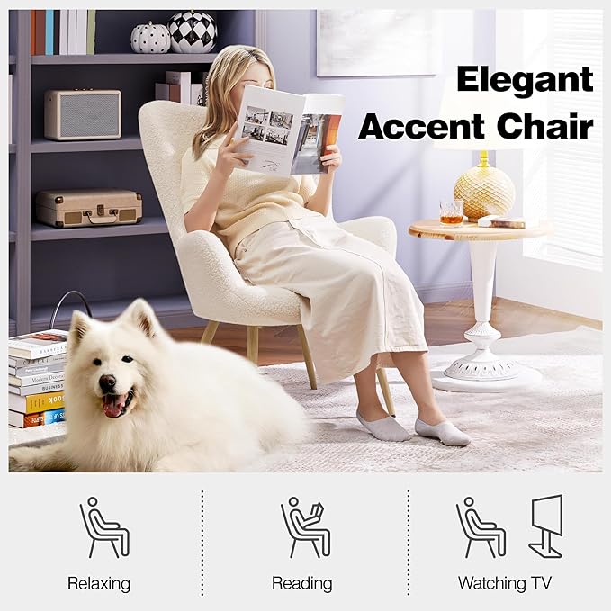 Yaheetech Accent Chair, Modern Boucle Vanity Chair with High Back and Wood-Tone Metal Legs, Sherpa Chair for Living Room, Home Office, Ivory