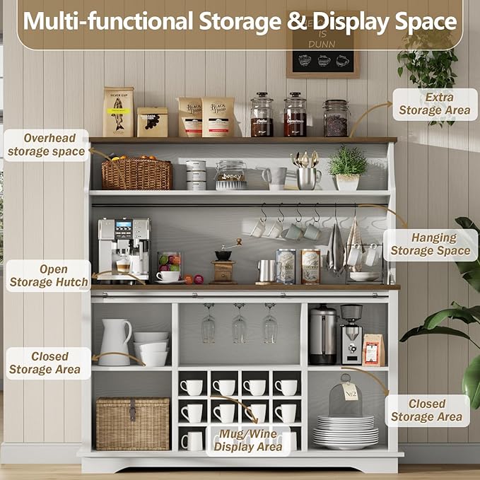 55 Inch Farmhouse Coffee Bar Cabinet with 3-Tier Storage, Kitchen Hutch with 12 Wine Racks & 3 Glass Holders, Coffee Bar with 6 Hooks, Wine Bar Cabinet for Dining Living Room, White