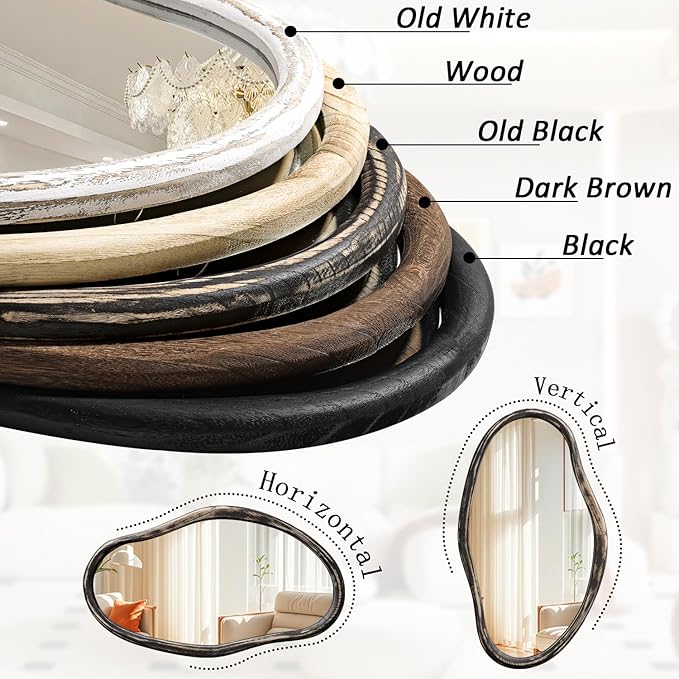 JJUUYOU Irregular Mirror Asymmetrical Wall Mirror 34"x22" Modern Hanging Mirrors for Bathroom Bedroom Living Room Hallway Large Wall Mounted Makeup Dressing Mirrors Rustic Black