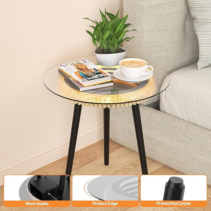 Bigbiglife Small Coffee Table with Led Light, Luxury Round Table with 3D Mirror, Glass Side Table for Appartment Home Living Room