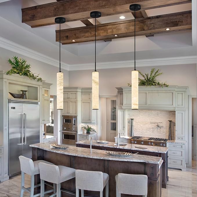 LMQNINE Natural Alabaster Pendant Lights for Kitchen Island White Marble Long Tube Chandelier Modern Black Ceiling Light Fixtures for Bedroom Dining Room Table Living Room Hallway(M-3Pack)