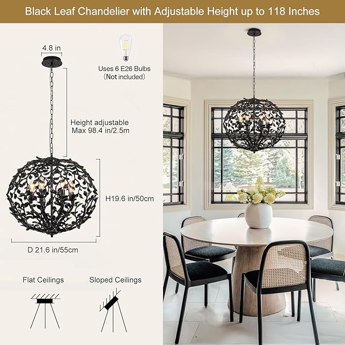 Black Industrial Branch Pendant Lights, 6-Light Modern Farmhouse Pendant Lighting , High Ceiling Hanging 21.7" Spherical Cage Pendant light Fixture for Living Room, Dining Room, Foyer, Bedroom