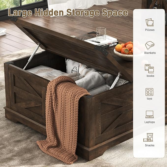 36" Farmhouse Movable Lift Top Coffee Table with Storage and Power Outlets, Square Wood Living Room Tables with Wheels&Large Hidden Space, Lift Wooden Barn Door Center Table, Brown