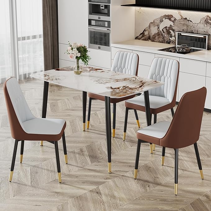 5 Pieces Modern Sintered Stone Dining Table Set 50" Rectangular Faux Marble Kitchen Table with 4 PU Leather Chair Dinner Table Set(1Faux Marble Table+4Gray and Brown Chairs)