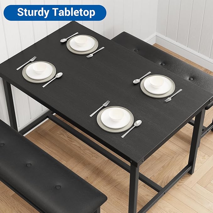 GarveeHome Dining Table Set for 4, Kitchen Table with 2 Upholstered Benches, Wood Kitchen Dining Room Set, for Small Space, Apartment, Home, Dinner, Retro Black