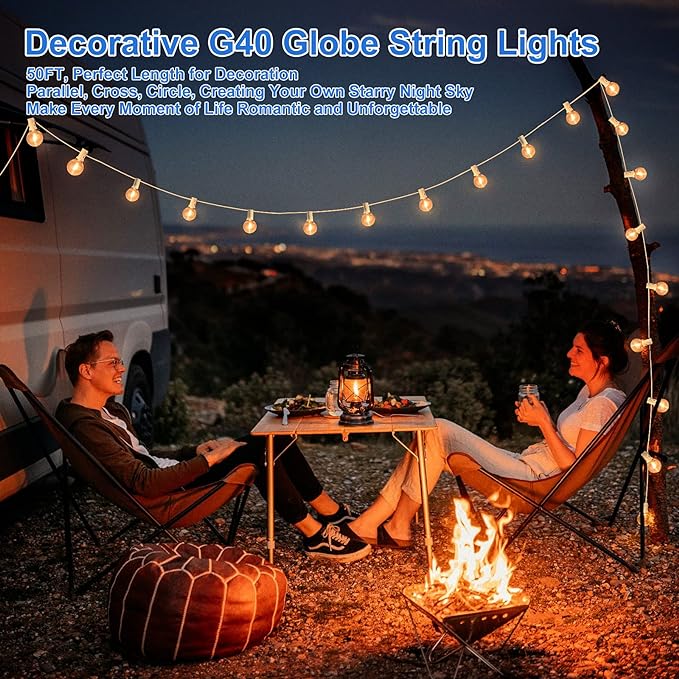 Outdoor G40 LED Globe String Lights 50FT Dimmable Shatterproof Waterproof Patio Lights with 25+2 Bulbs Connectable Commercial Hanging Light for Patio Balcony Backyard Party (White Wire)
