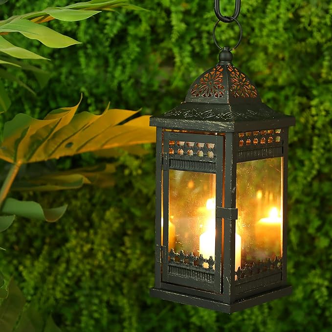JHY DESIGN 6Pcs Decorative Candle Lanterns 20&14.5"&9.5" High Vintage Style Hanging Lantern, Metal Candleholder for Indoor Outdoor, Events, Parities and Weddings（Black with Gold Brush）