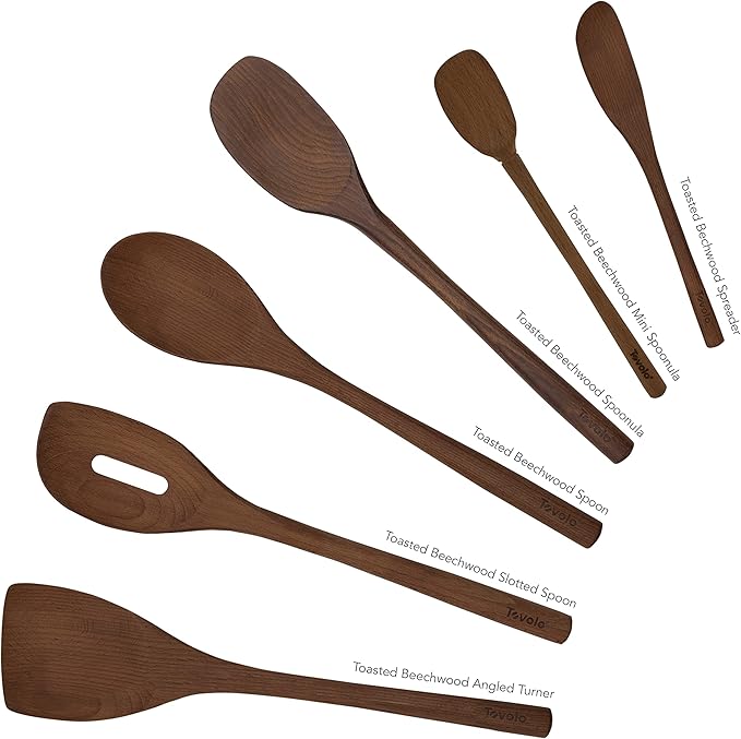 Tovolo Red Beechwood Utensil Set of 6 for Meal Prep, Cooking, Baking, and More