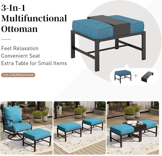 7 Piece Metal Outdoor Patio Furniture Set, Patio Conversation Sets 3-seater Sofa, 2 Fixed Chairs, 2 Swivel Chairs, 2 Ottomans with 5.75" Thick Cushion, Black Backyard Furniture, Blue-2