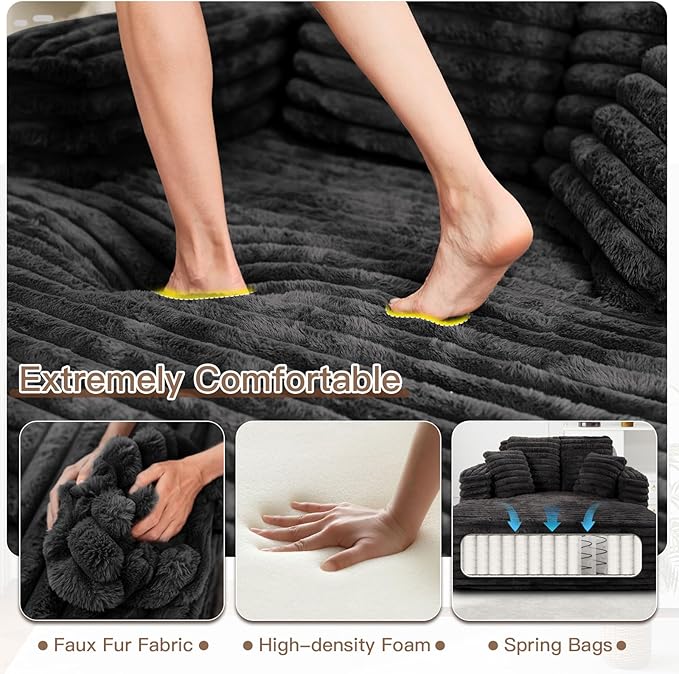 56"W Oversized Chaise Lounge Chair Indoor,Plush Faux Fur Sleeper Sofa Couch Bed with Pillows&Wide Armrest,Fluffy Comfy Cloud Sofa,Compression Foam Boneless Couch for Living Room,Bedroom(Black)