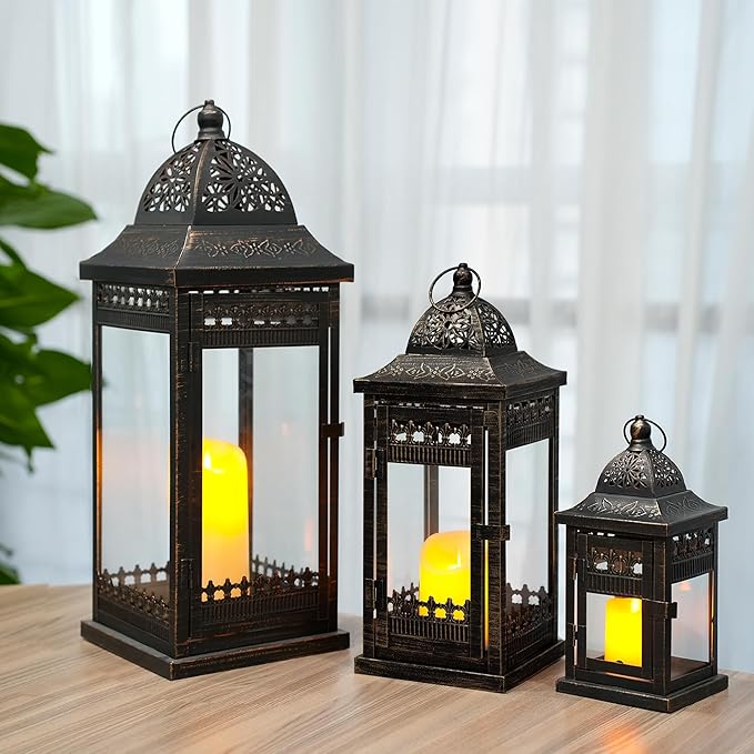JHY DESIGN 6Pcs Decorative Candle Lanterns 20&14.5"&9.5" High Vintage Style Hanging Lantern, Metal Candleholder for Indoor Outdoor, Events, Parities and Weddings（Black with Gold Brush）