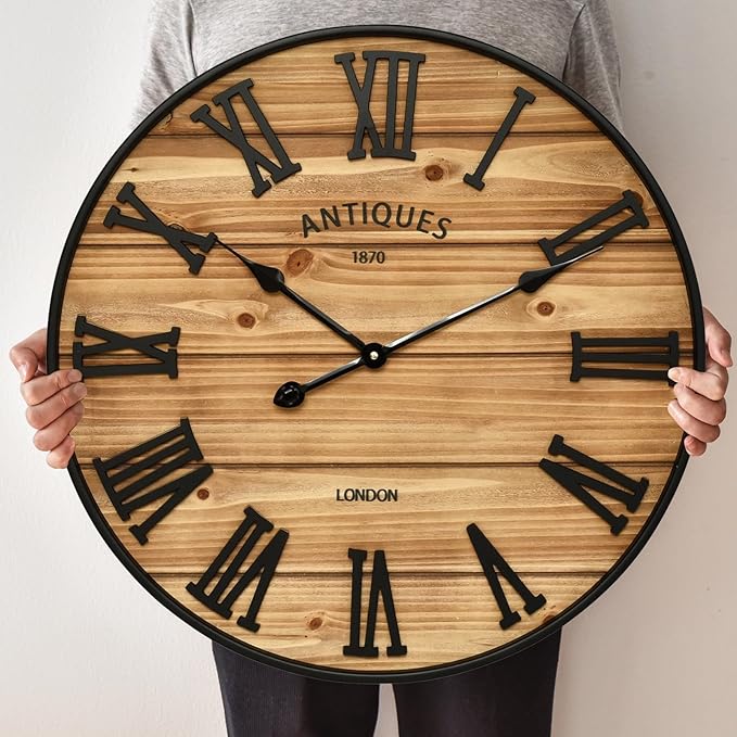 24 Inch Farmhouse Wall Clock - Antique Rustic Wood Finish, Silent Battery-Operated Timepiece with Stylish Decor for Home, Office, Kitchen, Bedroom & Living Room