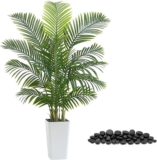 Artificial Palm Tree：5FT Tropical Fake Silk Plant UV Resistant Faux Areca Palm with White Planter & Black Pebbles for Home Office Living Room Decor Indoor Patio Porch Balcony (5FT,1-Pack,White)
