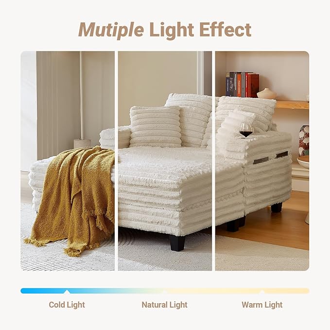 Chaise Lounge Chair Indoor, Amsleekey 64" Oversized Sleeper Chair with Wood Frame, Upholstered Sofa Bed for Living Room, Movie Room, Bedroom with 4 Storage Pockets&2 Cup Holders(Plush Corduroy, Beige)