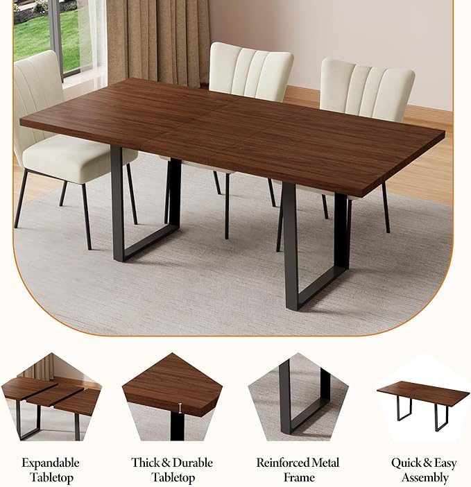 ZckyCine 79" Expandable Walnut Dining Table with 6 PU Leather Chairs, 7-Piece Modern Dining Set, Sturdy Metal Legs, Adjustable 63"-79" Rectangle Table for Kitchen & Dining Room