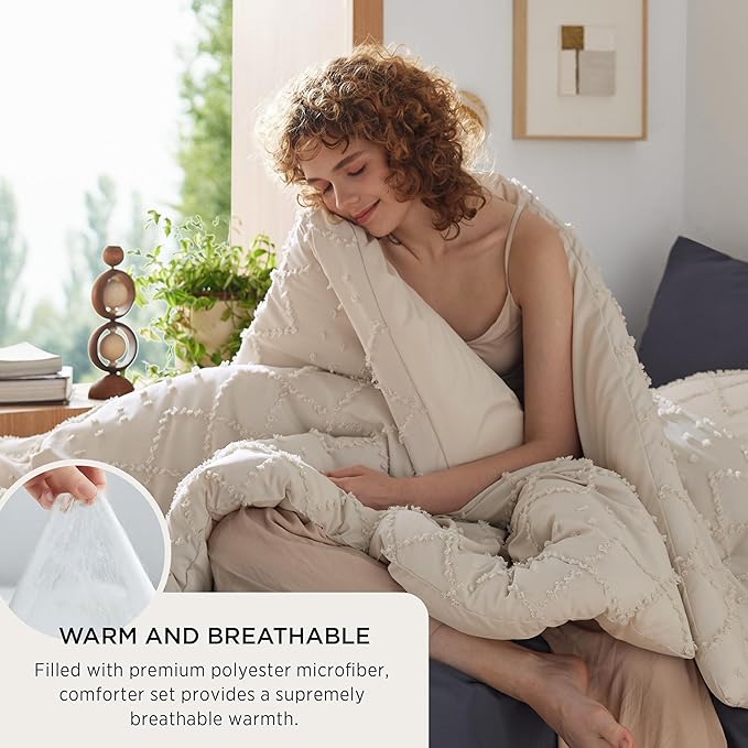 Bedsure Twin XL Comforter Set - Beige Comforter, Boho Tufted Shabby Chic Bedding for Kids, 2 Pieces Vintage Farmhouse Bed Set for All Seasons, Fluffy Soft Bedding with 1 Pillow Sham