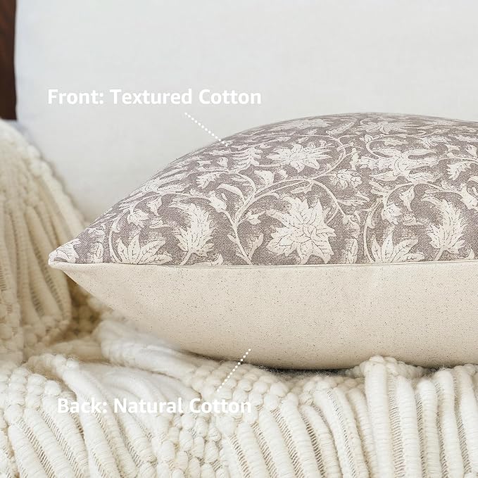 Floral Throw Pillow Covers 24x24 Farmhouse Block Print Pillow Covers Decorative Pillow Covers Couch Pillows for Living Room Vintage Accent Sofa Pillows Set of 2, Taupe Grey