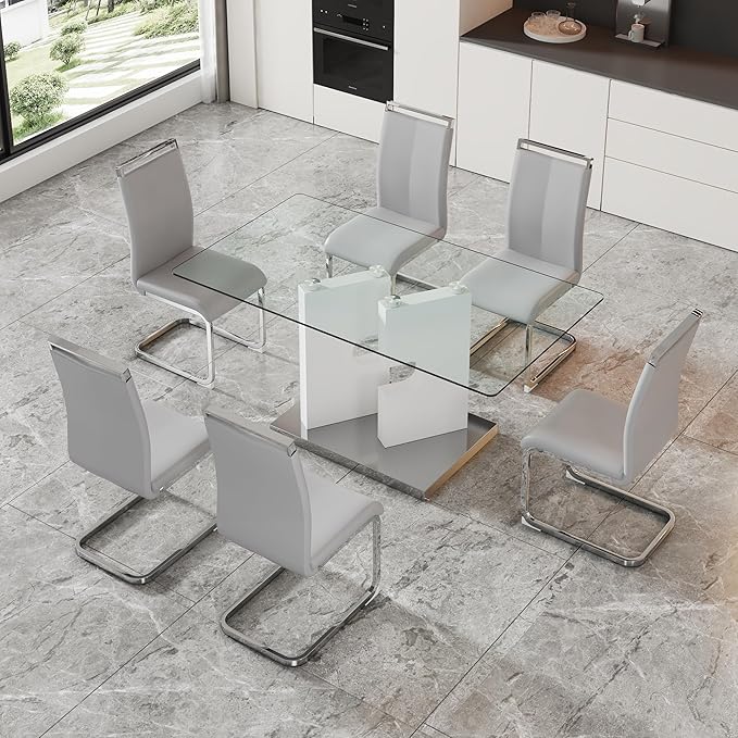 Glass Dining Table Set of 6, 63'' Dinner Room Glass Table Set for 6, Modern Kitchen Dinner Table Set with 6 Upholstered Faux Leather Dining Chairs, White Table+light Grey Chairs