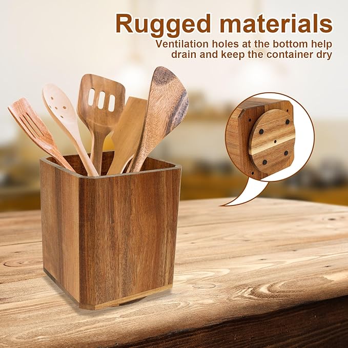 1Pc Wood Utensil Holder 360° Rotating Acacia Utensil Crock Multipurpose Cooking Spoon Spatula Organizer Kitchen Tool Storage for Countertop