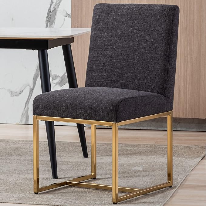 VESCASA Linen Upholstered Dining Chairs Set of 6, Mid Century Modern Padded Chair with Gold Metal Frame for Restaurant, Dining Room, Kitchen, Charcoal