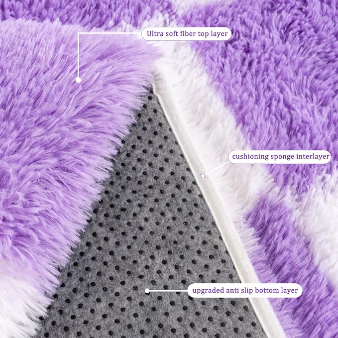 Checkered Rugs for Bedroom, Ultra Fluffy Fuzzy Shag Area Rug for Living Room 5x7, Modern Plush Soft Upgrade Non-Slip Carpet for Kid Girls and Boys Room Dorm Nursery Home Decor, White and Purple