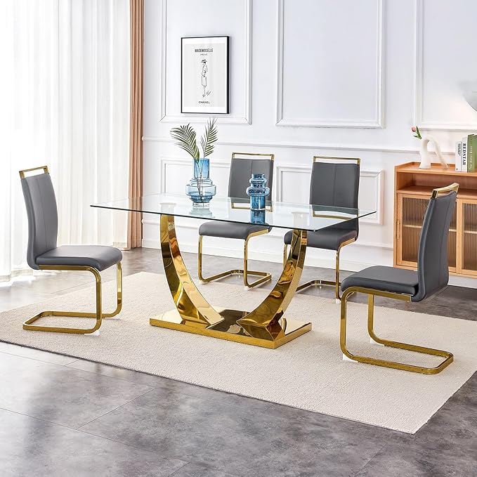 63” Glass Dining Table Set for 4,Gold Dining Room Table Set for 4,Modern Kitchen Table and PU Leather Chairs for 4, Dinner Table with Rectangle Tempered Glass Top and Golden Base