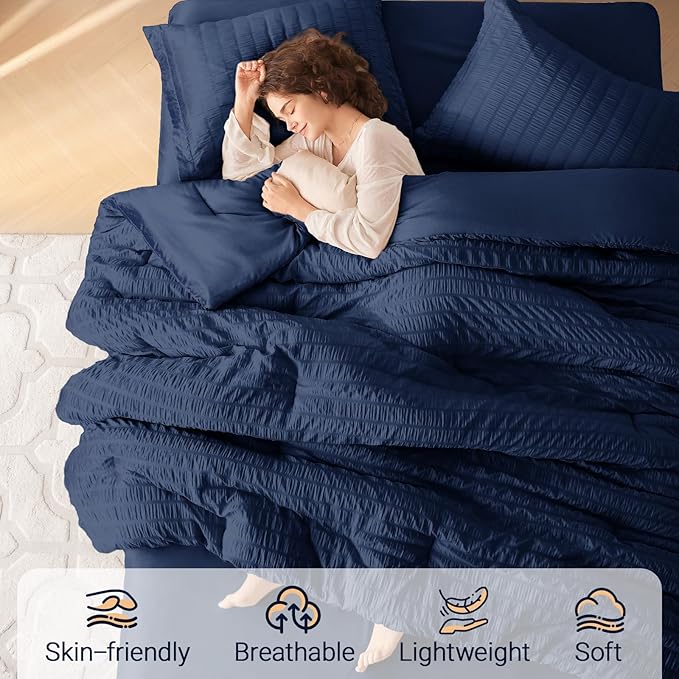 MUXHOMO 5 Pieces Twin Comforter Set, Seersucker Bed in a Bag Twin Size, All Season Luxury Bedding Set with Comforter, Flat Sheet, Fitted Sheet, Pillowcase & Sham, Navy Blue