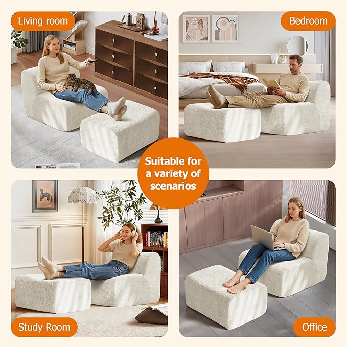 Lazy Sofa Chair, Modern Comfy Raindrop Velvet Fabric Deep Seat Armless Lounge Chair Movable Ottoman Set, 1-Seater Modular Sectional Sleeper Couch for Living Room, Bedroom, Office, Salon, Beige