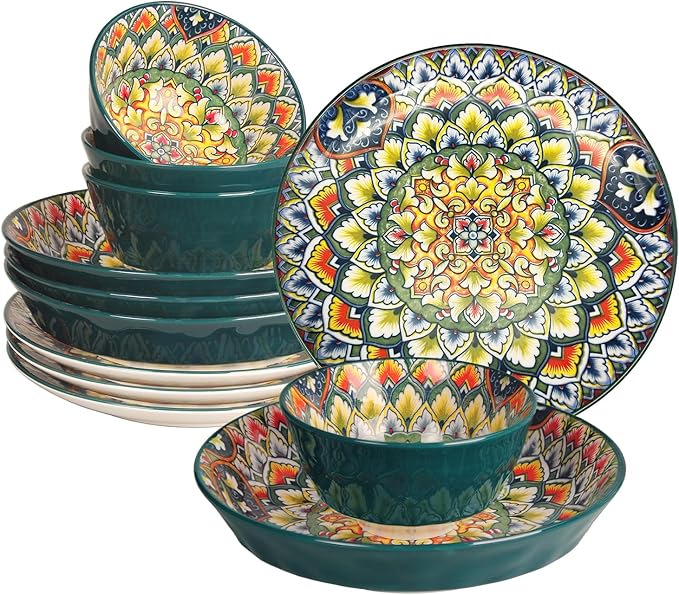 YA JU Mandala Dinnerware Sets (12 Pcs) Serves 4, Buffet Dinnerware, Boho Plates and Bowls Dish Set with 8" salad Plate 8" Dessert Plate 4.8" bowl, apply Casual dining Indoor Outdoor Dining Party