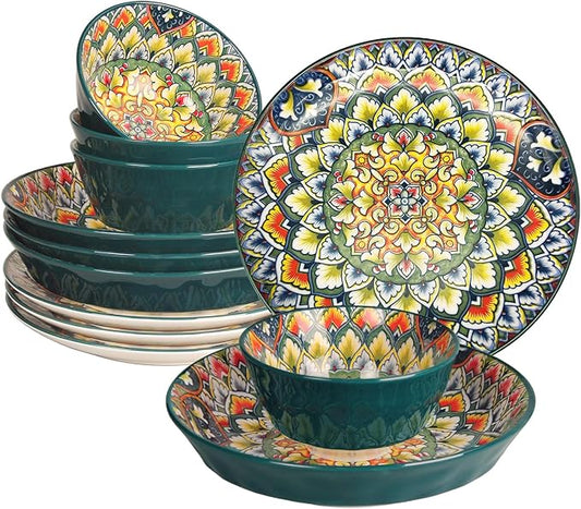 YA JU Mandala Dinnerware Sets (12 Pcs) Serves 4, Buffet Dinnerware, Boho Plates and Bowls Dish Set with 8" salad Plate 8" Dessert Plate 4.8" bowl, apply Casual dining Indoor Outdoor Dining Party