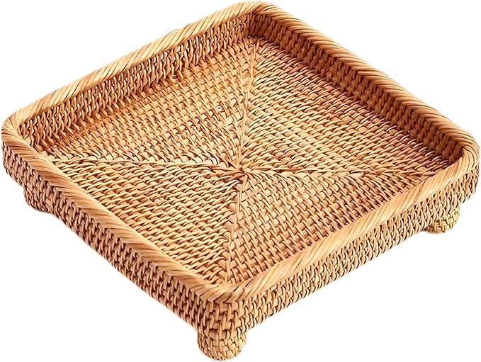 i-lan 9" Square Rattan Decorative Riser for Display,Small Items Serving Basket Vanity Tray - Square Woven Bread, Fruit, Keys Bowl Pedestal Stand,Flat Wicker Decorative Snack Trays for Candy Dish